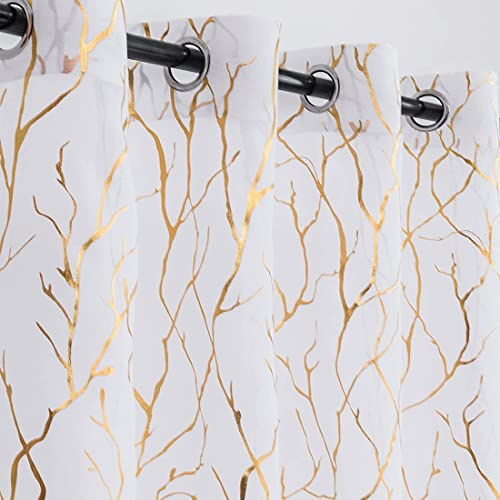 Kotile Baumzweig Vorhänge für Schlafzimmer – Metallic-Gold-Weiß, durchscheinende Vorhänge, 160 cm Länge, Ösenfenster, Baumvorhänge, Set mit 2 Paneelen, 132 x 150 cm, Weißgold