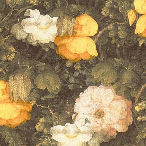 Papier peint fleur vintage | Papier peint vert foncé & jaune | Papier peint intissé pour chambre, salon & bureau | Commandez en ligne !