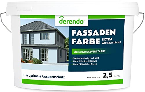 derendo Fassadenfarbe blau 2,5l mit EXTRA hohem Wetterschutz, matte silikonharzverstärkte Fassaden Farbe, hohe Deckkraft und gute Füllkraft bei kleinen Rissen (Babyblau)
