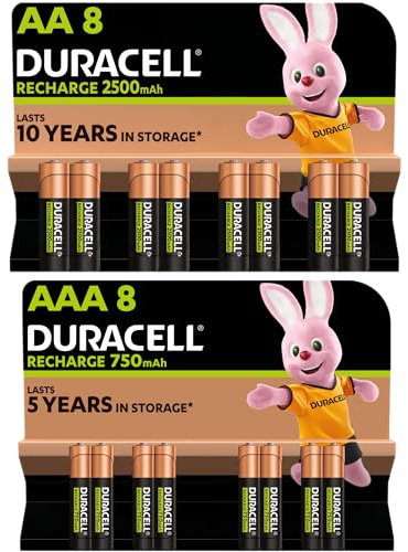 Duracell Rechargeable AAA 750 mAh Micro Akku Batterien HR03, 8er Pack + Rechargeable AA 2500 mAh Mignon Akku Batterien HR6, 8er Pack