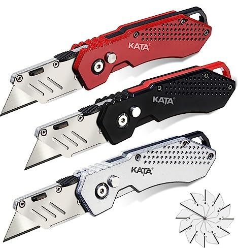 KATA 3-Pack Heavy Duty Box Cutter Folding Utility Knife With Zinc Alloy Body, Quick Change Blades, Lock-Back Design, Extra 12pc Blades For Cartons, Cardboard and Boxes