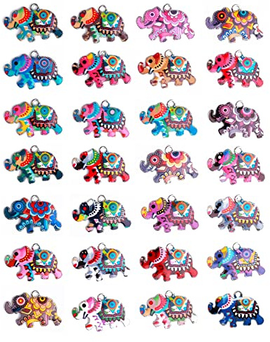 Grevosea 28-Piece Elephant Jewelry Making Kit - Colorful Metal Enamel Elephant Pendants, Charms for DIY Necklace, Earring, Bracelet, Keychain Supplies