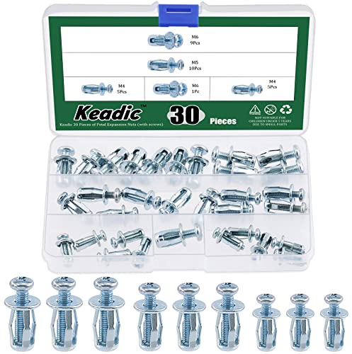 Keadic 60Pcs M4 M5 M6 Molly Jack Nuts with Screws Assortment Kit Steel Petal Nuts Large Flange Short Jacknut Expansion Nut Flat Head Threaded Insert Nut for Hardboard Polywood Pressboard