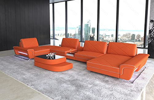 Sofa Dreams Stoff Wohnlandschaft Bari - mit LED Beleuchtung, verstellbare Kopfstützen, Ottomane/Mikrofaser/Ausrichtung wählbar (Ottomane rechts, Weiss-Orange)