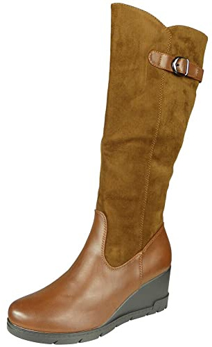 LoudLook Ladies Mid Calf Wedge Boots Womens Platform High Heel Buckle Zip Shoes Size BROWN 6