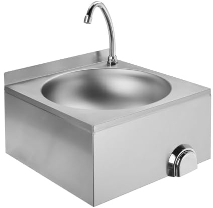 GastroHero Handwaschbecken, Kniebedienung, Edelstahl HWB-BASIC3 | mit Wasserhahn, Kaltwasseranschluss, hygienisch, einfache Wandmontage, zeitgesteuert, mechanischer Timer 7 Sek, 40x40x24 cm