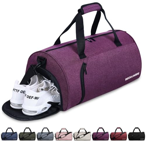 BECOJADDE Sporttaschen für Damen und Herren, 35L Reisetasche Duffel Bag Übernachtungstasche mit Schuhfach & Nassfach, wasserdichte Handgepäcktasche für Sport, Fitnessstudio, Schwimmen, Lila