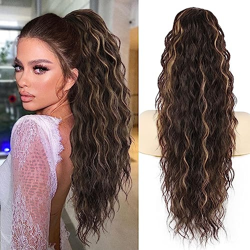 PORSMEER Pferdeschwanz Haarteil Lang 76 cm mit Kordelzug Wellig Locken Ponytail Extension dunkelbraun mit Blond Natürliches Clip in Haarteil Ponytail Haarzopf für Damen Afro Zopf Haarverlängerunge