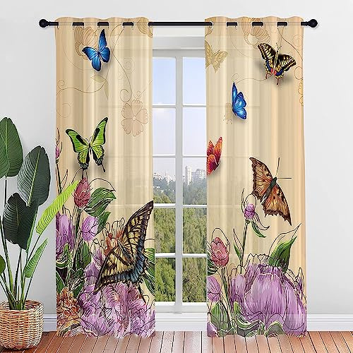 Hiseng 3D Bunte Schmetterlinge Voile Vorhänge mit Ösen Durchsichtig Moderne Halbtransparent 2er Set Ösenvorhang für Fenster Wohnzimmer Schlafzimmer Elegante Transparent Gardine (140x213cm,Garten)