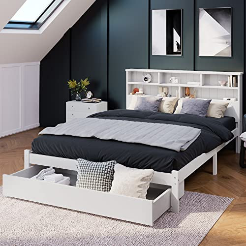 MYBOO 140x200cm Kinderbett mit Schubladen und Bücherregal, Massivholz Stauraum mit Bettkasten, Doppelbett mit Lattenrost, Jugendliche und Erwachsene Kinder Bett, Weiß (Ohne Matratze)