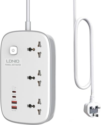 3 Way Extension Lead USB Type C Fast PD 65W GaN Power Strip Desktop Charger Extender with Surge Protector Switch, 6ft 2m Cable 3-gang UK EU US Flat Socket USB A Slots Charging Ports for Home Office