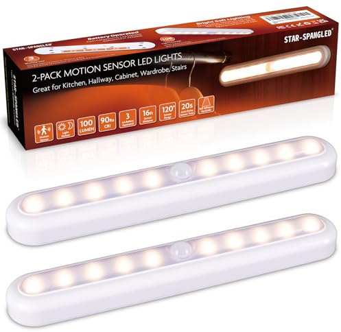 STAR-SPANGLED 11” LED Motion Sensor Lights Indoor AA Battery, 2 Pack Warm | Rotatable Under Cupboard Light, Stick on Night Lamp Battery Powered for Stairs Wardrobe Closet Cabinet Shelf Kitchen Hallway