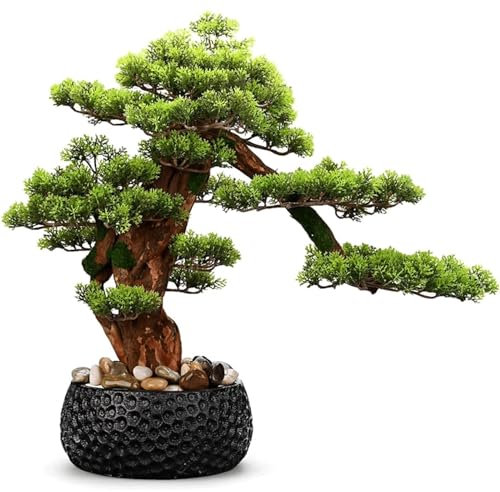 HSHTTKL Neuer künstlicher Bonsai-Baum im chinesischen Stil, immergrüne Simulationspflanze mit Topf und Kopfsteinpflaster-Kunstbaum für die Desktop-Anzeige