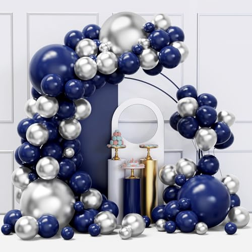 Blue and Silver Balloons Arch Garland Kit, 134pcs Navy Blue and Silver Balloons with Different Size for Birthday Party Baby Shower Graduation Class of 2026 Prom Decorations