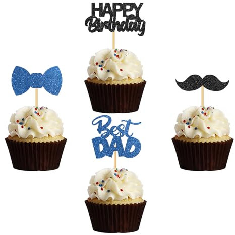 MonMon & Craft Birthday Dad Cupcake Toppers/Best Dad Ever Cupcake Toppers/Father's Day Party Cupcake Decorations - Happy Birthday Dad Cupcake Toppers Glitter 24 Pcs