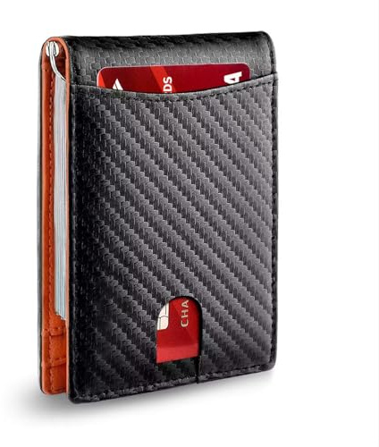 SIMDAO Wallets Mens Sleek RFID Blocking Carbon Fiber Leather Wallet for Men - Slim Bi-Fold Wallet with Money Clip and 12 Card Slots, Strong Money Clip, Minimalist Bi-Fold Mens Wallets (Black Orange)