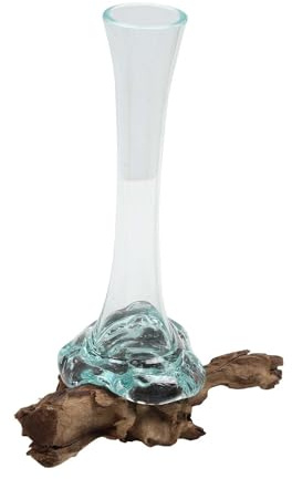 Glasvase auf Wurzelholz Ø 4cm x Höhe 36cm aus Recycling Glas & Teak Wurzel Holz handgefertigt | extravagante Wohndeko Deko-Vase Glasschale Natur-Vase | A27