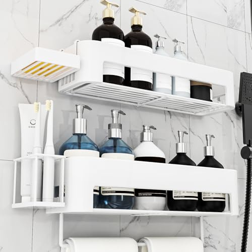 necvha Duschablage ohne Bohren - 4 Stück Badezimmer Organizer, große Kapazität Badregal mit Haken, schnell trocknende Shampoo Halterung für Dusche, Bad, Küche, Toilette (weiß)
