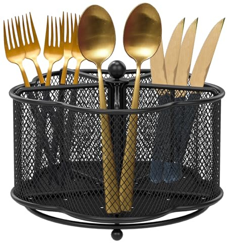 NIHUIFDPY Organizador de utensilios giratorio de 360°, soporte de metal para utensilios de cocina con 5 compartimentos, soporte giratorio para cubiertos, cesta de almacenamiento portátil para