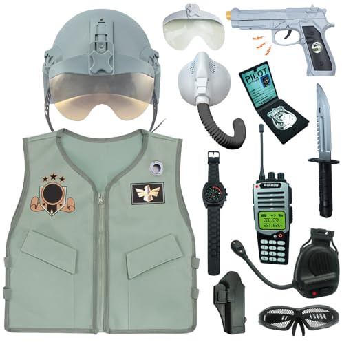 RedCrab Costume Pilota Bambini, Costume Militare Bambino con Casco, Gilet, Maschera di Ossigeno, Walkie Talkie e Altri Accessori, Gioco ei Ruolo Pilota Costume Carnevale Halloween Cosplay