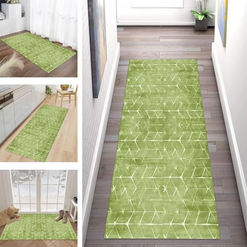 Buatisf Teppich Läufer Flur Küche, Waschbar Kücheteppich rutschfest Grün Flurläufer Lange Küchenläufer für Korridor Schlafzimmer, Modern Polyester Teppichläufer auf Maß Meterware