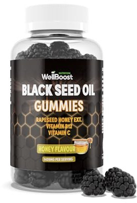 WellBoost Black Seed Oil Gummies – 400mg Black Seed Oil, Vitamin C, B12 & Rapeseed Honey Extract – Vegan, Sugar-Free Honey Flavour Gummies for Immune Support & General Wellbeing – 1 Month Supply