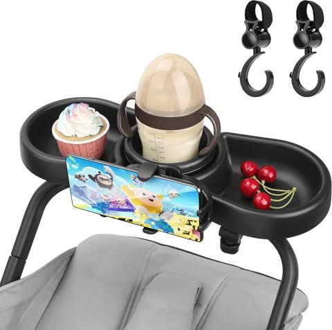 4 in 1 Pram Cup Holder Universal, MYPIN Pram Snack Tray, Removable Stroller Cup Holder, Stroller Snack Tray, Phone Holder, 360 Degree Rotation for Pram, Pushchair