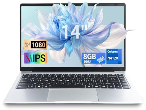 LONGEVINCE 14 Zoll Laptop, 8GB DDR4 Ultrabook Laptop, 1920x1080 IPS, Celeron N4120 Quad Core Laptop (bis zu 2,6 GHz), USB 3.0, ultradünnes Notebook (Silber, 8+512G SSD)