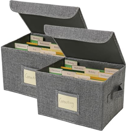 Vienrose Greeting Card Organizer Storage Box with 20 Removable Dividers, 84 Self-stick Labels, Perfect for Photos, Envelopes, Scrapbooking, Paper, Stickers Holder 2 Pack Grey
