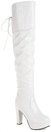 FHVCMTG High Heels Boots OverkneeStiefel für Damen Plateau Klobigem Absatz Runder Zehenpartie Stiefel Party Pole Dance Schuhe 11 cm,White,39