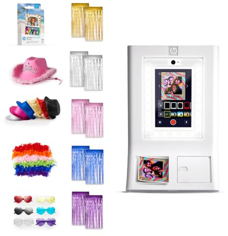 HP Sprocket Photo Booth Machine Instant Color Photo Printer (White) + Zink Paper (100 Sheets)+ Fedora (6)+ Glasses (6)+ Boas (6) & more
