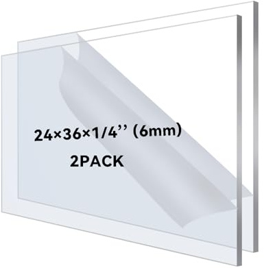 2PACK Plexiglass Sheets 24×36×1/4 Inch Thick Clear Acrylic Sheets Plastic Sheets Panels for DIY Projects, Art, Display Use