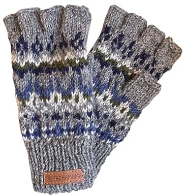 Pachamama Fingerlose Herren-Handschuhe, 100 % Wolle, handgestrickt, traditionelles Fairisle-Muster, Einheitsgröße, handgefertigt, thermisch, extra warm, Fair Trade, blau, Einheitsgröße