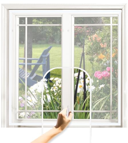 Mosquitera ajustable para ventana de 47 x 47 pulgadas, mosquitera de malla de fibra de vidrio con gancho de cremallera y cinta adhesiva, se puede cortar, red de ventana a prueba de gatos para patio de