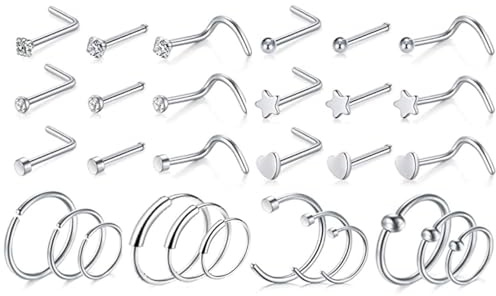 LOCCY 21-30 Stück 20G Nasenpiercing, 316L Edelstahl Nasenring Nasenstecker Silber/Gold Screw/Straight/L-Form Nasenpiercing mit Zirkonia Nostril Piercing Schmuck für Frauen Männer