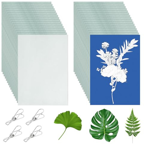 Ziyonix 32 Stück Cyanotypie Papier Kit, A5 Hochempfindliches Sonnendruckpapier mit Kunststoffwerkzeug und Klammer Naturdruckpapier Solardruckpapier für Kinder Erwachsene Heimwerken Basteln