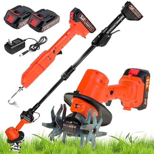 Electric Mini Tiller Cultivator, Cordless Hand-held Weeding Machine with Telescopic Pole and 2 Batteries, 4 Working Width for Gardening
