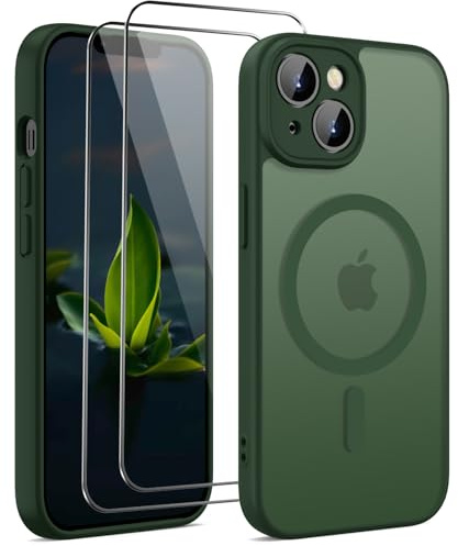 HGH für iPhone 14 Hülle für MagSafe mit 2 Schutzglas, Grün | Vollständiger Kameraschutz Stoßfest Kratzfest Anti-Fingerabdruck Transluzente Rückseite Matt Handyhülle für iPhone 14