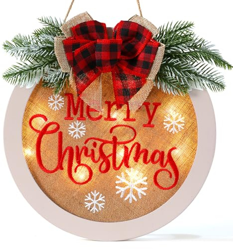 HOMCDALY Merry Christmas Welcome Sign for Front Door, Winter Merry Christmas Wreath with Light, Farmhouse Door Decoration Wooden Hanging Sign, Winter Home Decoration (F-Xmas-White)