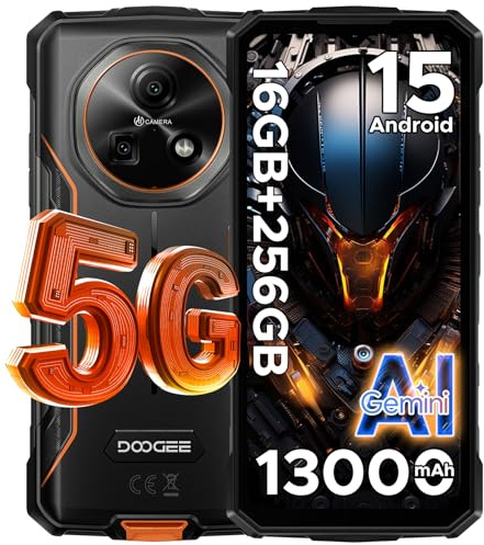 DOOGEE Fire 7 5G Android 15 Outdoor Mobile Phone Without Contract 13000 mAh Dimensity 6300 256GB + 16GB Outdoor Smartphone 64MP, 6.6 Inch IPS Display, 3 Cards Dual 5G SIM/IP68/GPS/Fingerprint/NFC/OTG