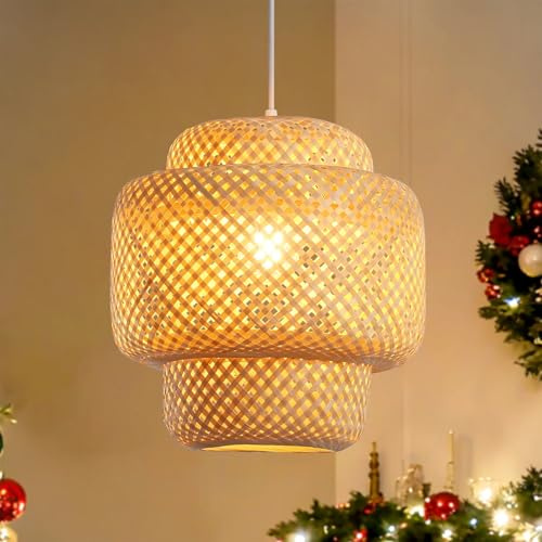 COOINJOY Vintage Bambus Pendelleuchte 50cm, Naturgeflecht Hängeleuchte, E27 Fassung mit 1,5m Kabel, Boho Wohnzimmer Lampe(keine Glühbirne)
