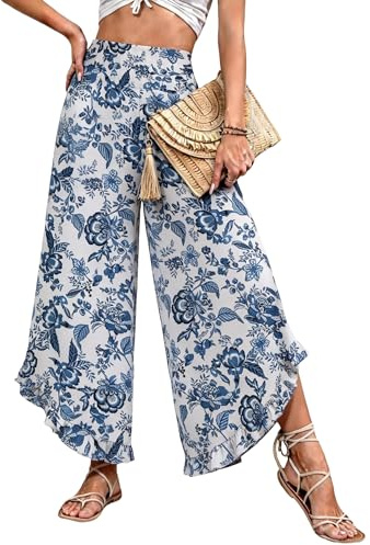 IEEILULU Pantaloni a Gamba Larga per Donna Pantaloni Palazzo Casual Estivi Stile Boho Spiaggia, a Vita Alta e Taglio Fluido Bianco con Fiori Blu L