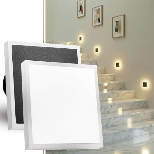 Maxkomfort LED Treppenbeleuchtung 230V Indirektes Licht Acryl-Seitenlicht Wandeinbauleuchte Eckig Schwarz Weiß Halo-Effekt 140lm Warmweiß 3000K Magnetisch für Schalterdose Ø 60mm - 6109 (weiß, eckig)