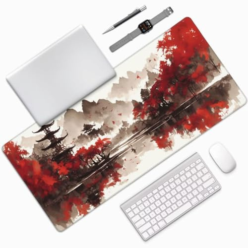 Alfombrilla Ratón XXL Gaming 1400x600x3mm, Grande Alfombrilla Ratón Rojo Patrón Mouse Pad Gaming, Tapete Rato Japón Impermeable y Antideslizante Base de Goma para Decoracion Escritorio Hogares 0E-372