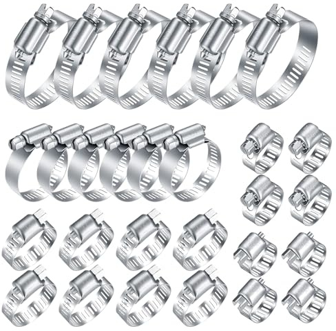 40 Pcs 6-51mm 304 Stainless Steel Worm Drive Hose Clamps Clip Set | Adjustable jubilee screws pipe fasteners assortment. For automobile, water and gas tube repair. Rust-proof with sturdy case.