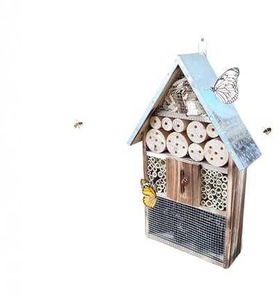 Relaxdays Casetta per Insetti in Legno, Tetto in Metallo Resistente alle intemperie, Altezza 48 x Larghezza 31 x profondità 10 cm, casetta per Insetti da Appendere, fiammata