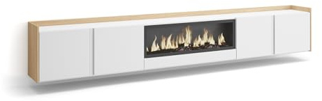 Skraut Home | Mueble TV | Muebles de salón, almacenaje | 315x50x35 cm | para televisión hasta 80 | Chimenea eléctrica XXL | Colgado, Suspendido | Estilo Moderno | Blanco y Roble Soft