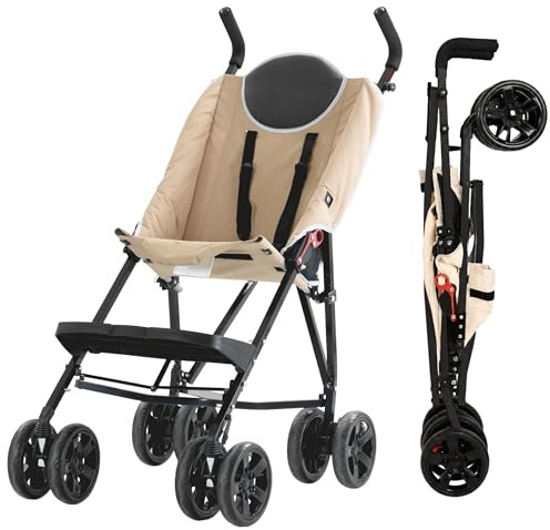 Silla de ruedas para personas con discapacidad MobiQuip XL, arena: ruedas adaptada para niños mayores de hasta 50 kg, con estructura plegable ligera, reposapiés ajustable y arnés de 5 puntos