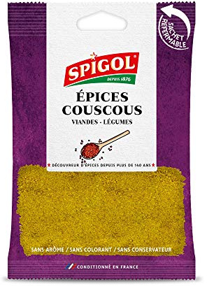 Spigol - Epices Couscous - Mélange d'Épices pour Parfumer et Colorer vos Plats - Sachet de Mélange d’Epices Refermable - 100% Naturel - 1 Sachet de 90g