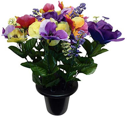 Artificial Plants - Purple, Pink and Yellow Pansy Rose Grave Side Flowers in Memorial Pot